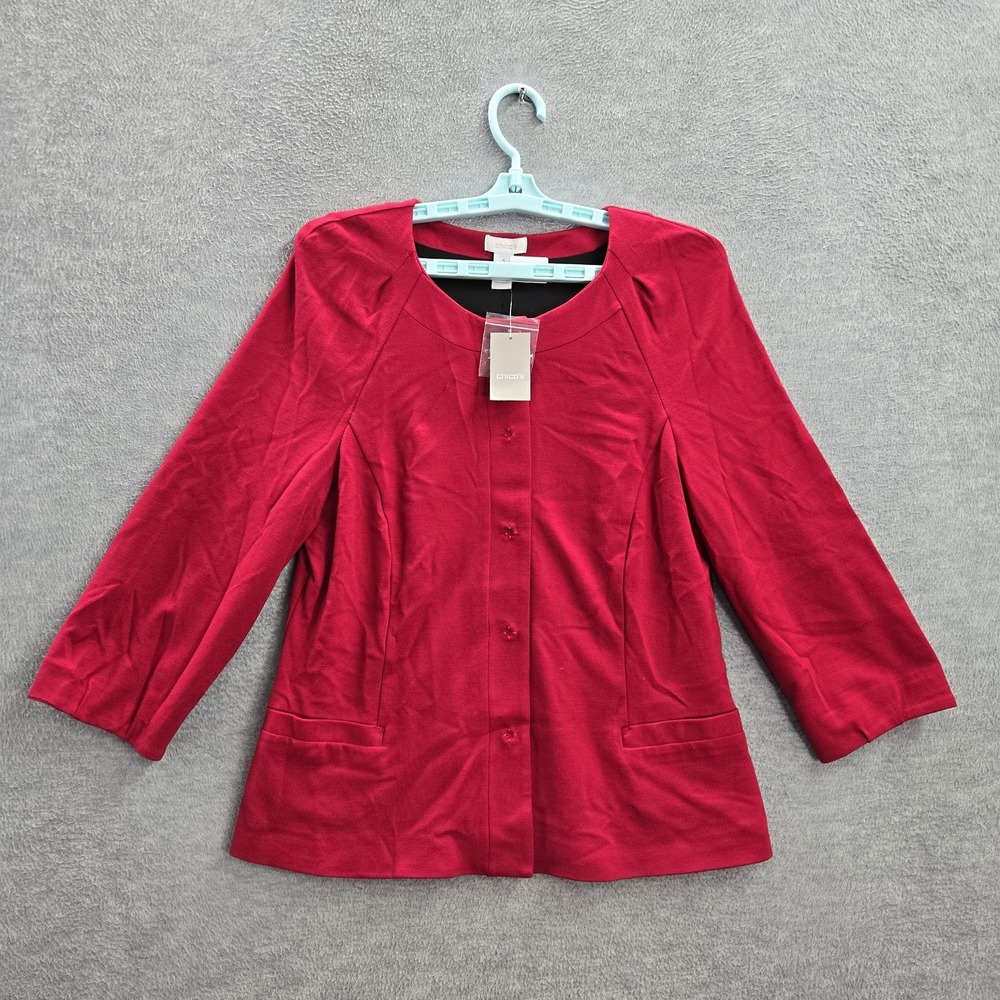 Chico's Women Jacket 1 Red Travelers Coll Ponte Pearl Rouge 3/4 Sleeve NWT